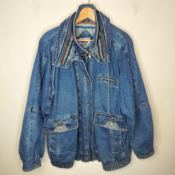 Current Seen Vintage Heavy Denim Jacket Aztec Boho Trim - Picture 1 of 12
